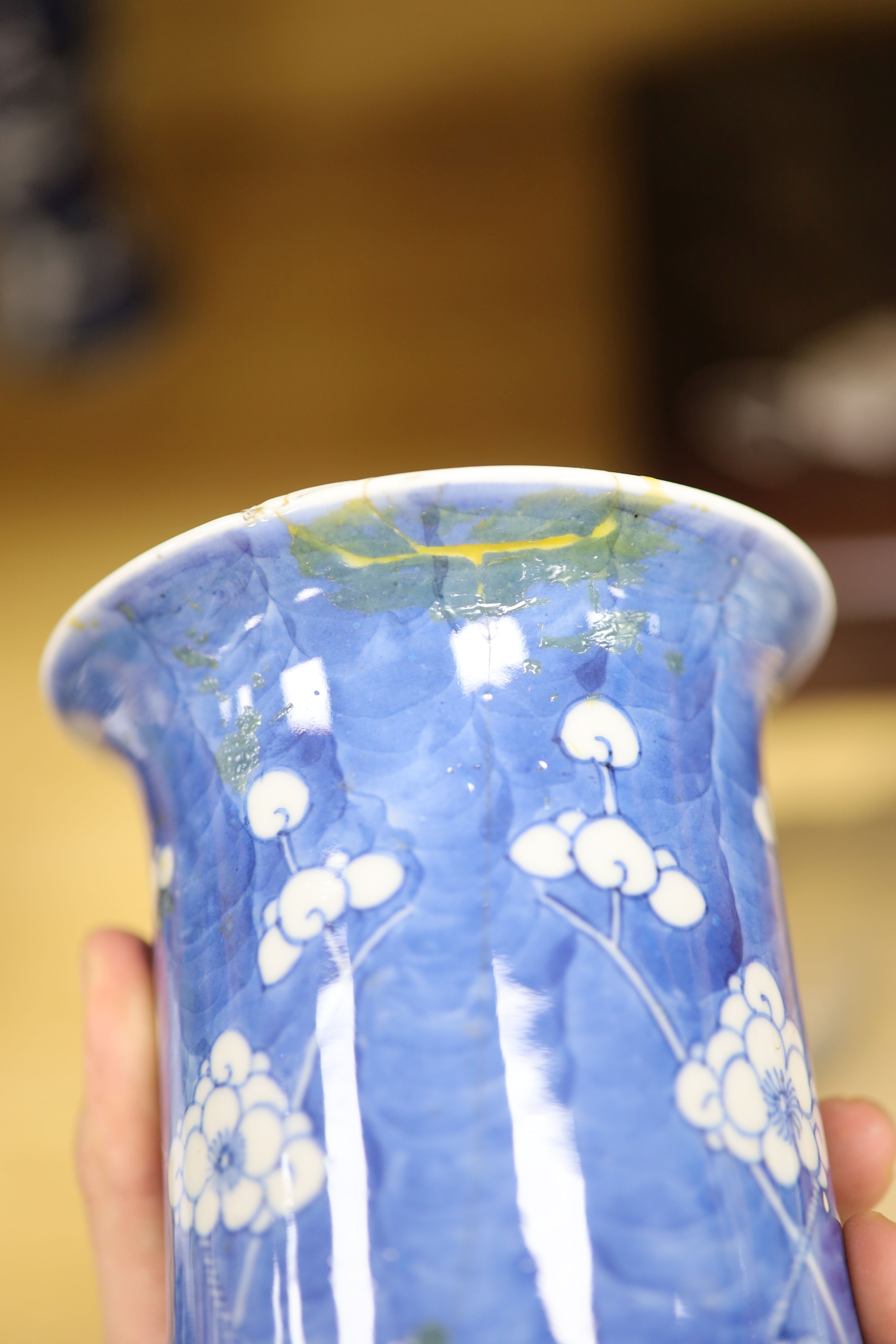 A Chinese blue and white cylindrical vase, another vase and cover and a blue and white jar and cover, together with a cloisonne vase and a bronze censer, tallest 32cm